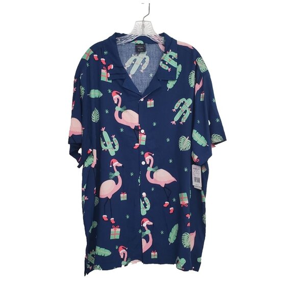 BIOWORLD Mens Holiday Flamingo Cactus Hawaiian Lights Button Down Shirt Size 2XL - Picture 1 of 10